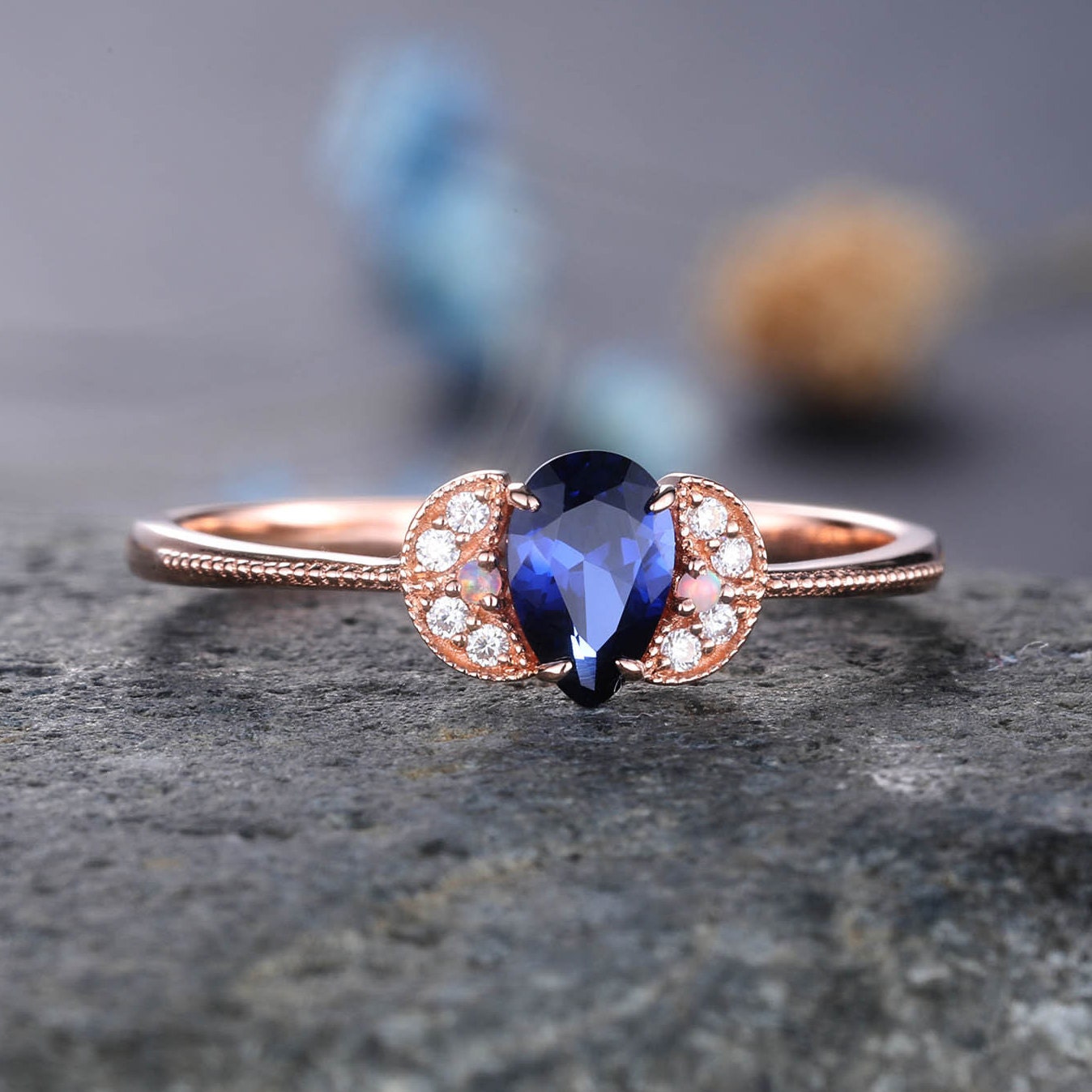 Sapphire Engagement Ring Blue Sapphire Wedding Ring Set Diamond Stackable Ring 14k Rose Gold Diamond Matchng Band Pear Shaped Sapphire