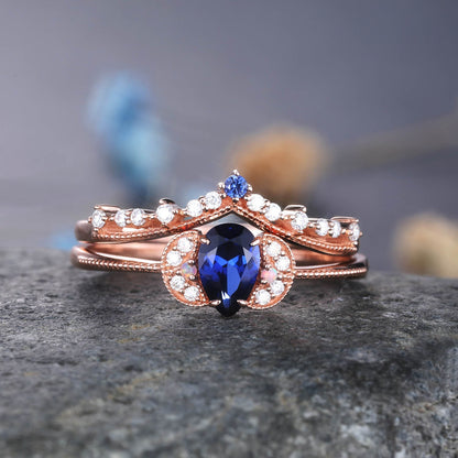 Sapphire Engagement Ring Blue Sapphire Wedding Ring Set Diamond Stackable Ring 14k Rose Gold Diamond Matchng Band Pear Shaped Sapphire