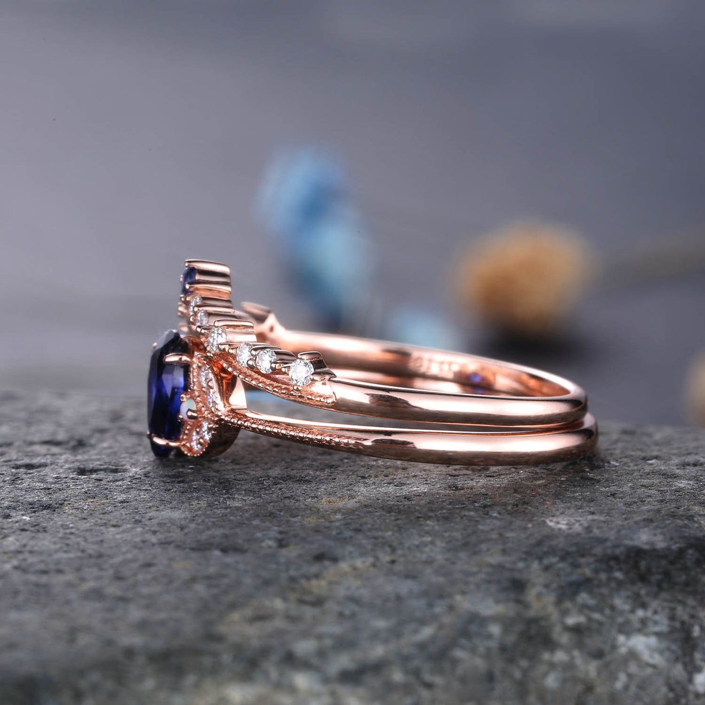 Sapphire Engagement Ring Blue Sapphire Wedding Ring Set Diamond Stackable Ring 14k Rose Gold Diamond Matchng Band Pear Shaped Sapphire