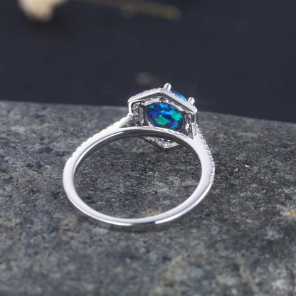 Black Opal Ring Opal Engagement Ring White Gold Diamond Wedding Ring Lab Opal Hexagon Diamond Halo Ring Women Promise Anniversary Jewelry