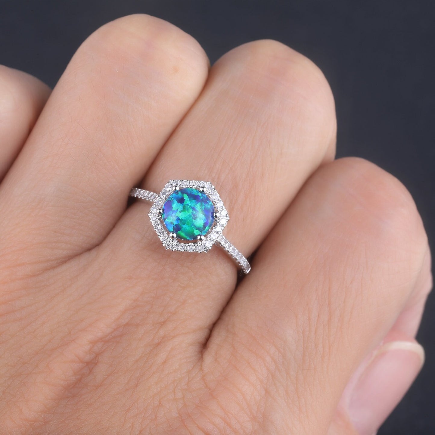 Black Opal Ring Opal Engagement Ring White Gold Diamond Wedding Ring Lab Opal Hexagon Diamond Halo Ring Women Promise Anniversary Jewelry