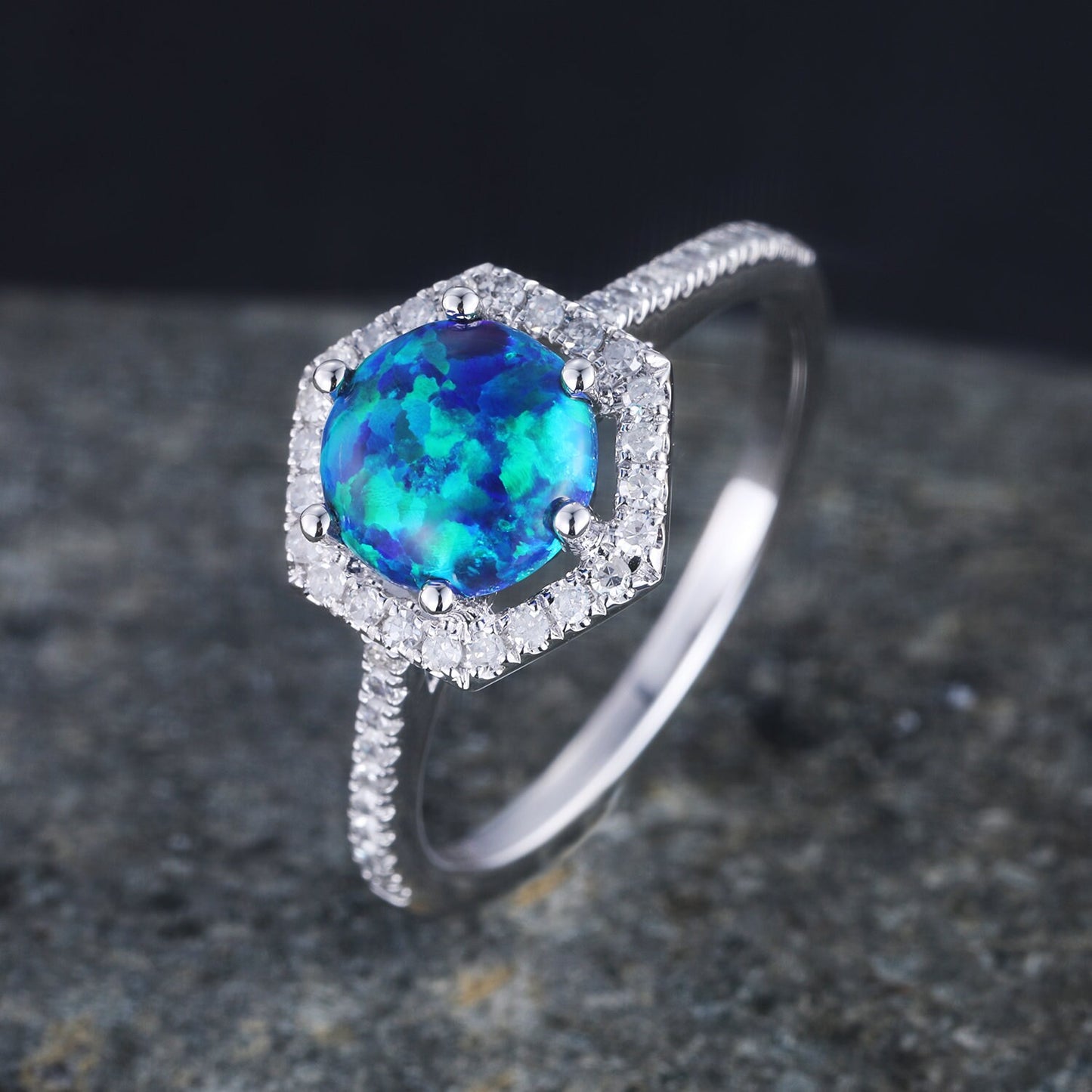 Black Opal Ring Opal Engagement Ring White Gold Diamond Wedding Ring Lab Opal Hexagon Diamond Halo Ring Women Promise Anniversary Jewelry