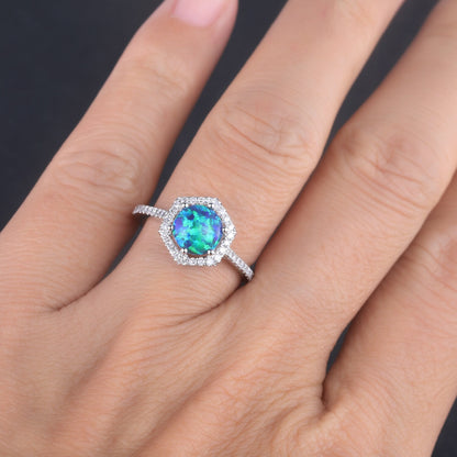 Black Opal Ring Opal Engagement Ring White Gold Diamond Wedding Ring Lab Opal Hexagon Diamond Halo Ring Women Promise Anniversary Jewelry