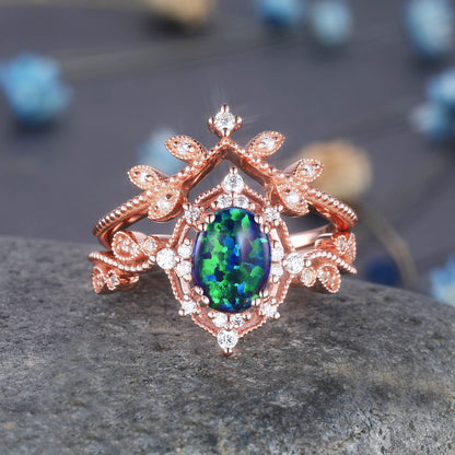 Turquoise ring rose gold turquoise diamond engagement ring set vintage floral diamond promise bridal jewelry art deco halo ring 2pcs