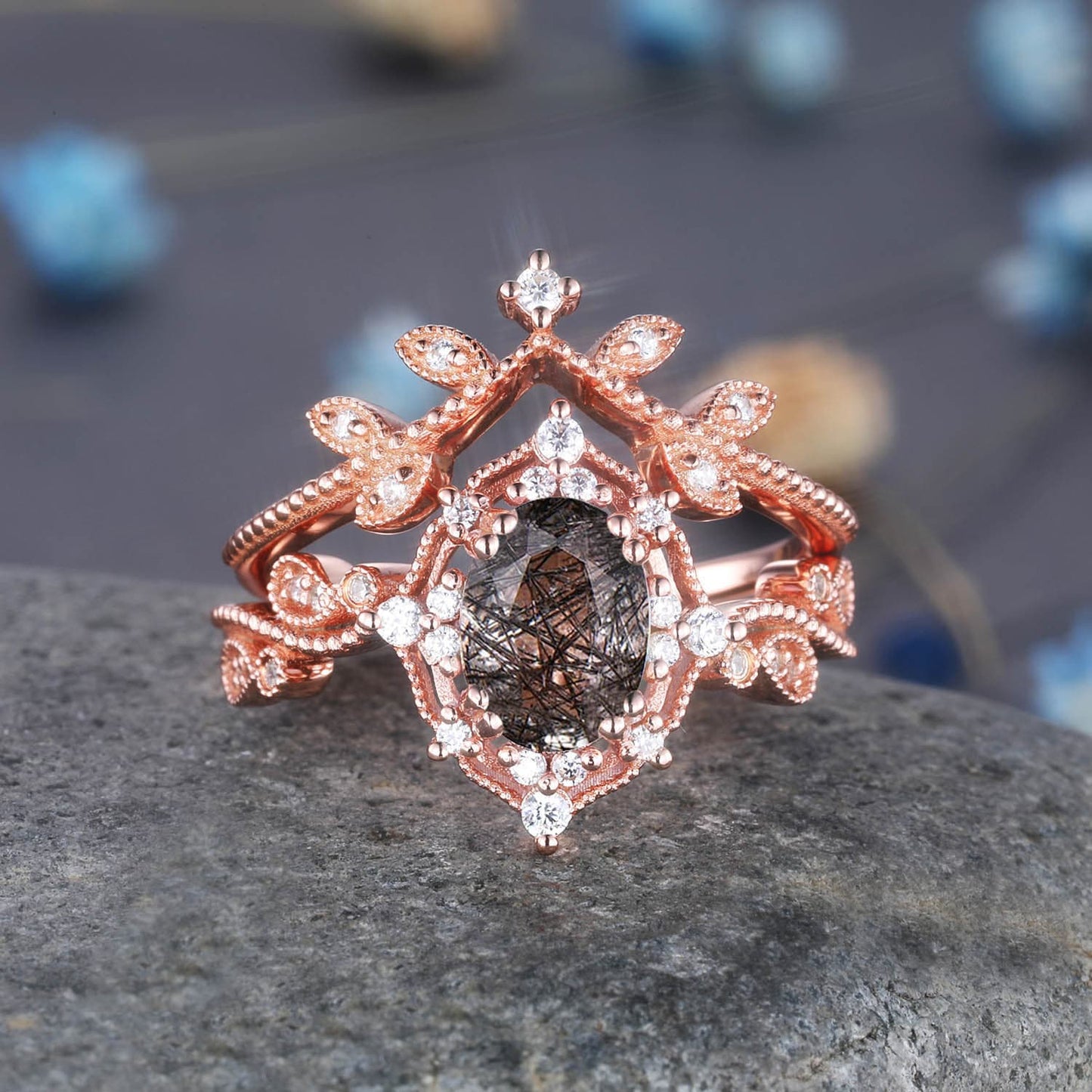 Oval moissanite engagement ring moissanite ring set rose gold diamond matching band milgrain art deco ring vintage moissanite ring