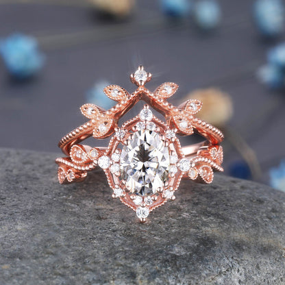 Oval moissanite engagement ring moissanite ring set rose gold diamond matching band milgrain art deco ring vintage moissanite ring