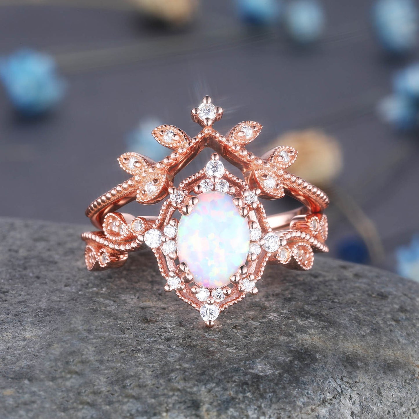 Turquoise ring rose gold turquoise diamond engagement ring set vintage floral diamond promise bridal jewelry art deco halo ring 2pcs