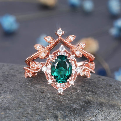 Turquoise ring rose gold turquoise diamond engagement ring set vintage floral diamond promise bridal jewelry art deco halo ring 2pcs