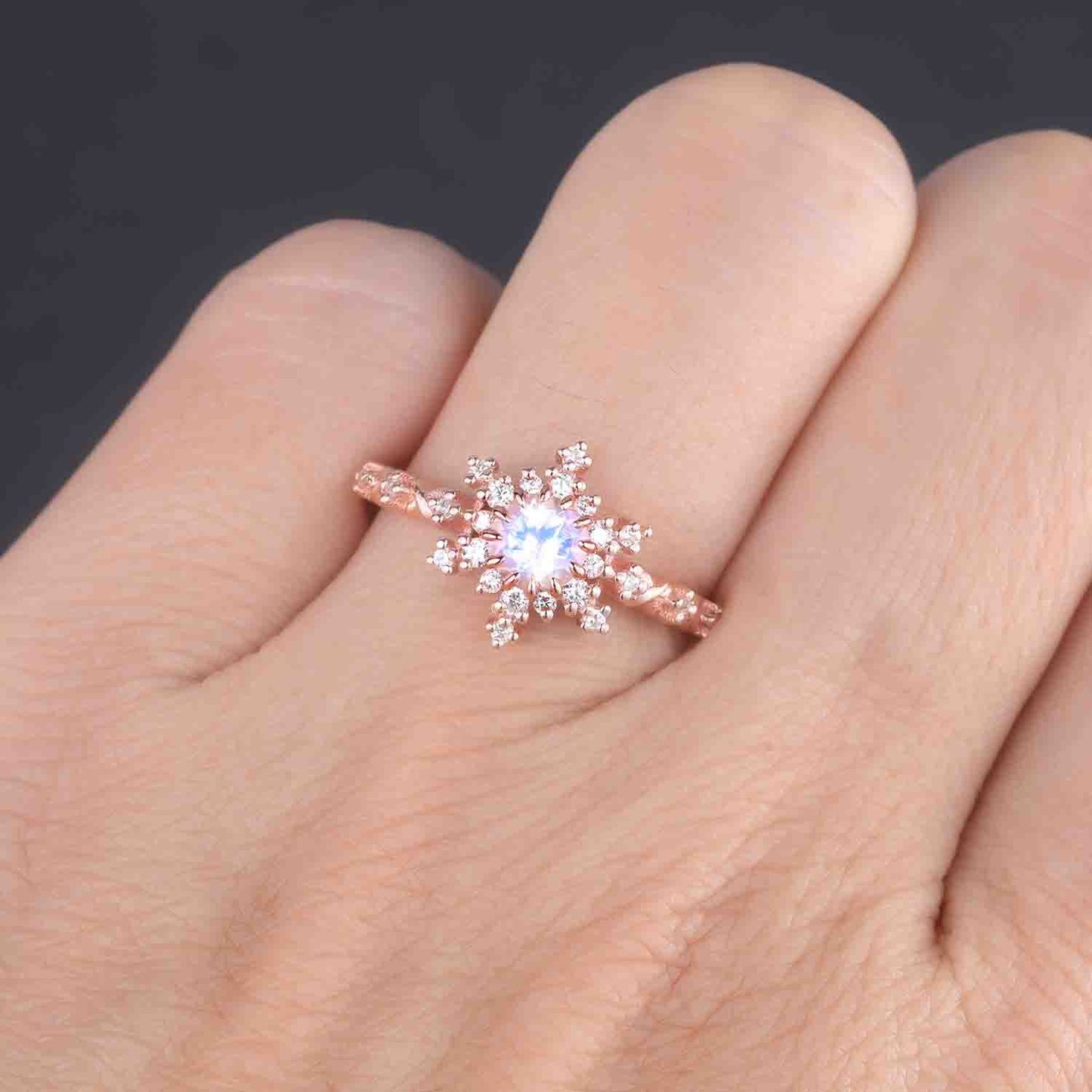 Vintage moonstone ring,moonstone engagement ring,rose gold wedding ring,rainbow moonstone,diamond/moissanite halo,June birthstone jewelry