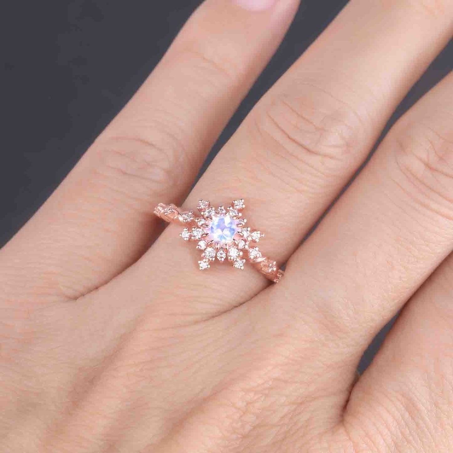 Vintage moonstone ring,moonstone engagement ring,rose gold wedding ring,rainbow moonstone,diamond/moissanite halo,June birthstone jewelry