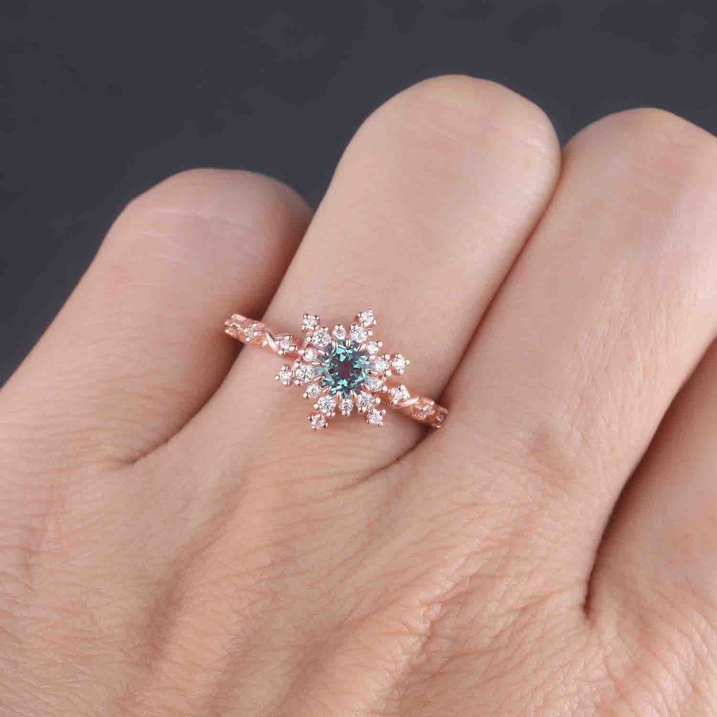 Alexandrite Engagement Ring Rose Gold Halo Ring Round Alexandrite Promise Jewelry For Women Diamond/Moissanite Unique Bridal Stacking Ring