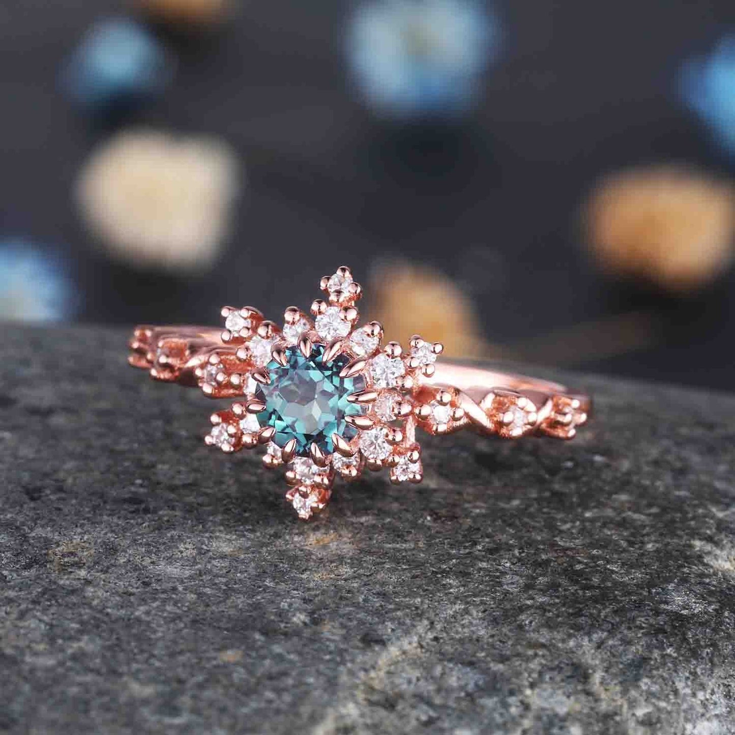 Alexandrite Engagement Ring Rose Gold Halo Ring Round Alexandrite Promise Jewelry For Women Diamond/Moissanite Unique Bridal Stacking Ring