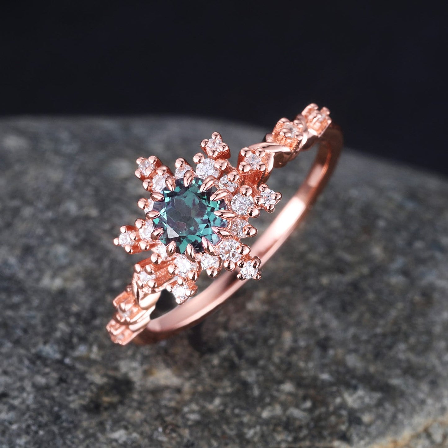 Alexandrite Engagement Ring Rose Gold Halo Ring Round Alexandrite Promise Jewelry For Women Diamond/Moissanite Unique Bridal Stacking Ring