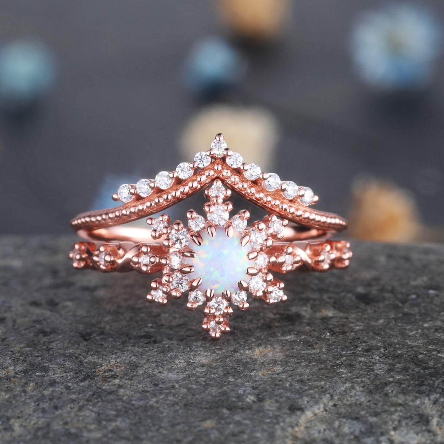 Moonstone Engagement Ring Set Rose Gold Diamond Wedding Ring Set Antique Flower Filigree Art Deco Curved Stacking Bridal Set Gift For Her
