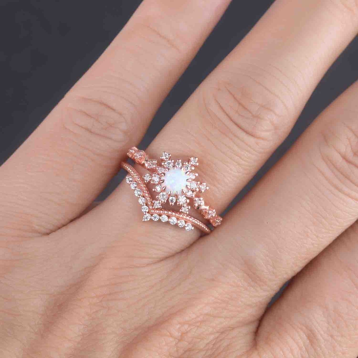 Opal Engagement Ring Rose Gold Set Diamond Wedding Band Milgrain Curved Matching Band Vintage Women Bridal Jewelry Gifts For Her