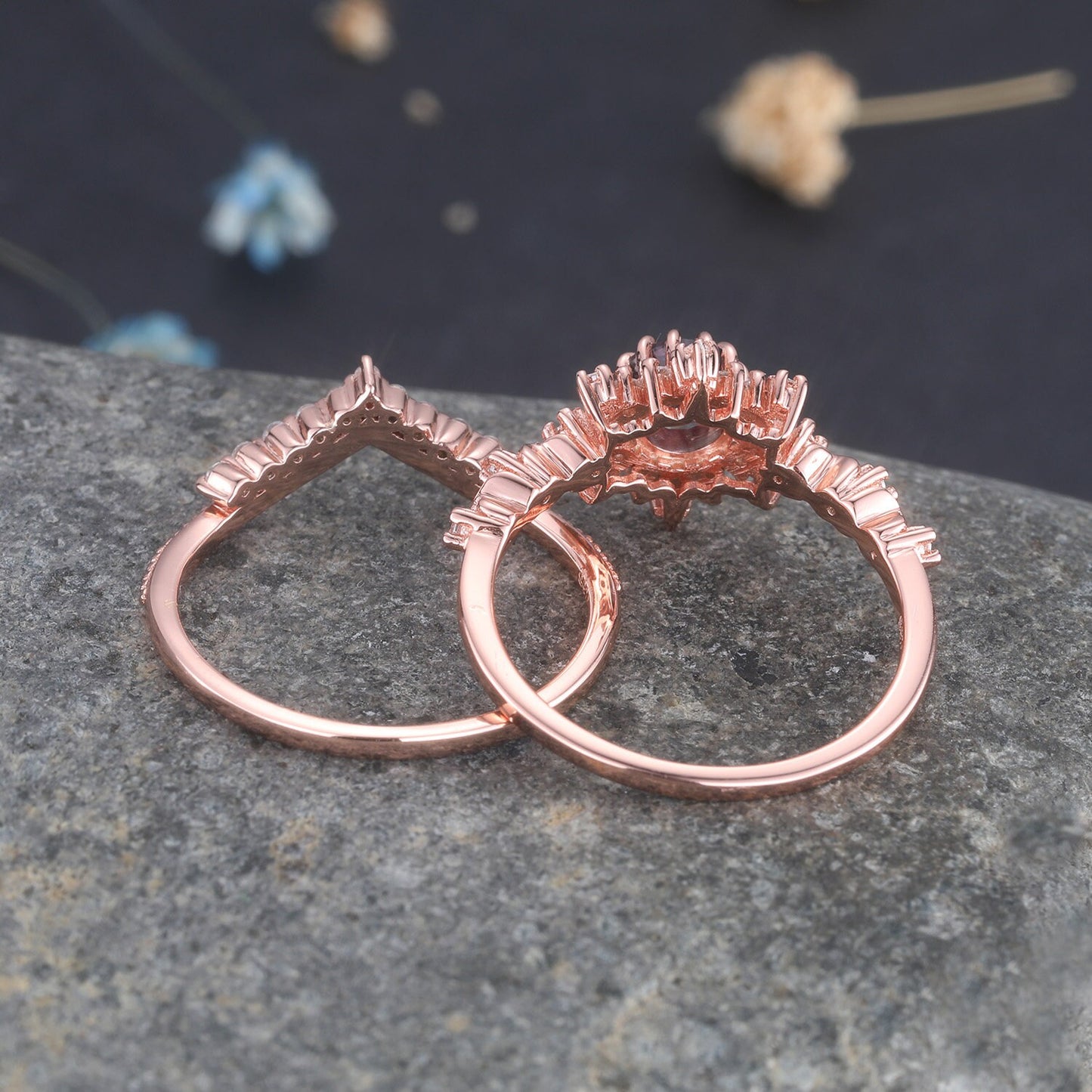 Alexandrite Engagement Ring Set Rose Gold Curved Diamond Stacking Band Round Alexandrite Halo Ring Milgrain Promise Jewelry For Women