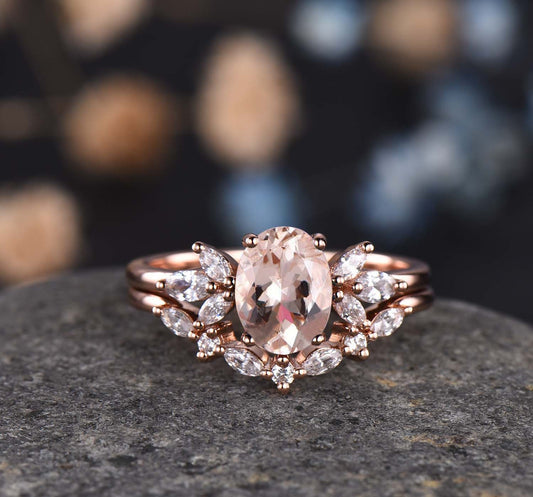 Morganite ring set rose gold engagement ring morganite wedding ring stacking moissanite matching band for women Valentines day gift