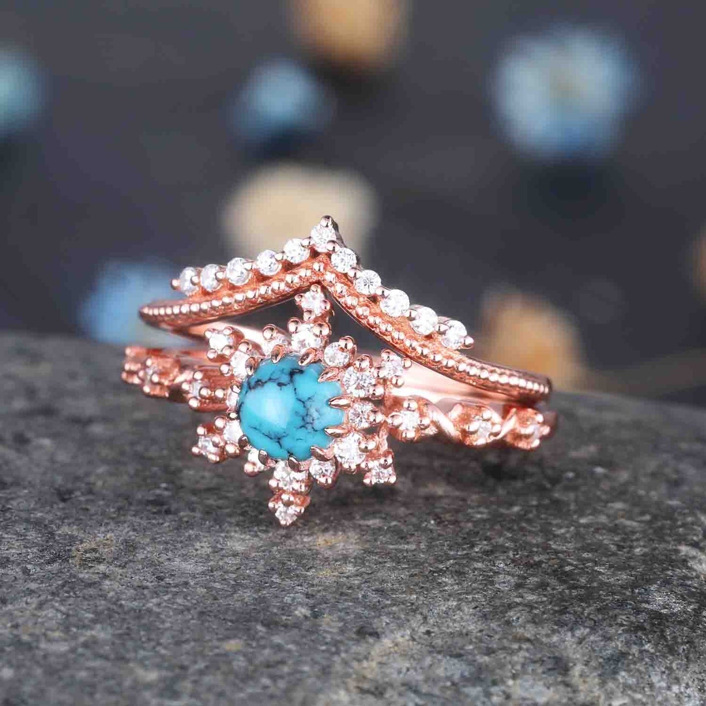 Turquoise Ring Set Rose Gold Turquoise Engagement Ring Diamond Moissanite Stacking Band December Birthstone 14k Gold Turquoise Ring