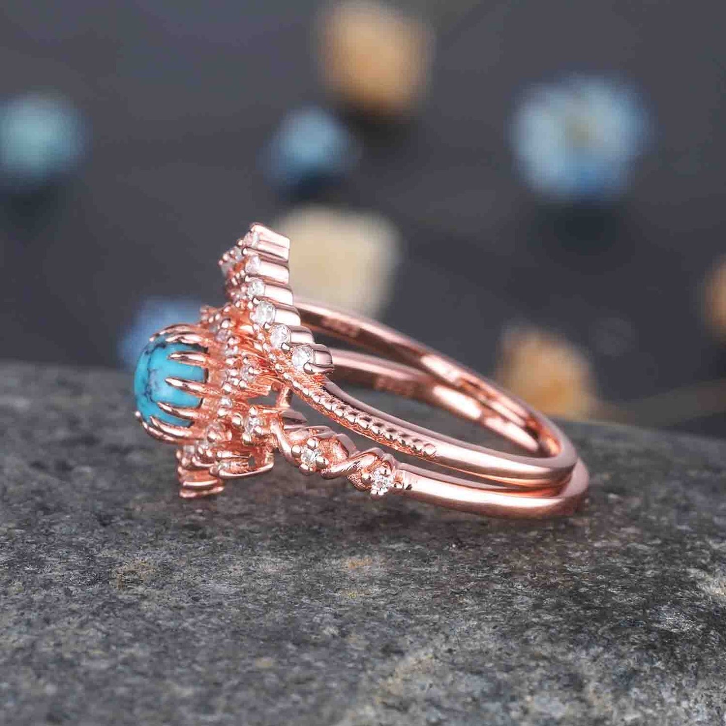 Turquoise Ring Set Rose Gold Turquoise Engagement Ring Diamond Moissanite Stacking Band December Birthstone 14k Gold Turquoise Ring