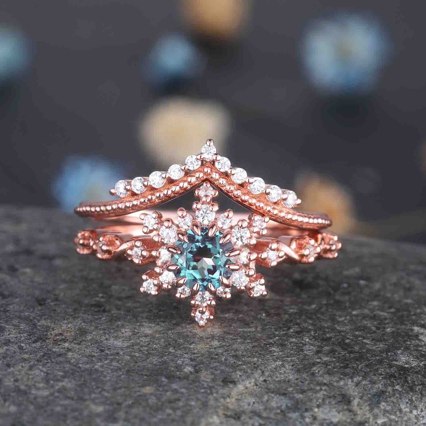 Turquoise Ring Set Rose Gold Turquoise Engagement Ring Diamond Moissanite Stacking Band December Birthstone 14k Gold Turquoise Ring