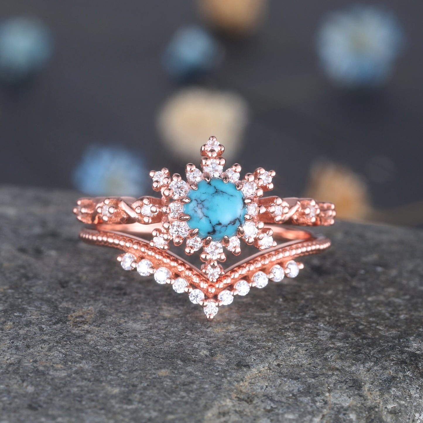 Turquoise Ring Set Rose Gold Turquoise Engagement Ring Diamond Moissanite Stacking Band December Birthstone 14k Gold Turquoise Ring