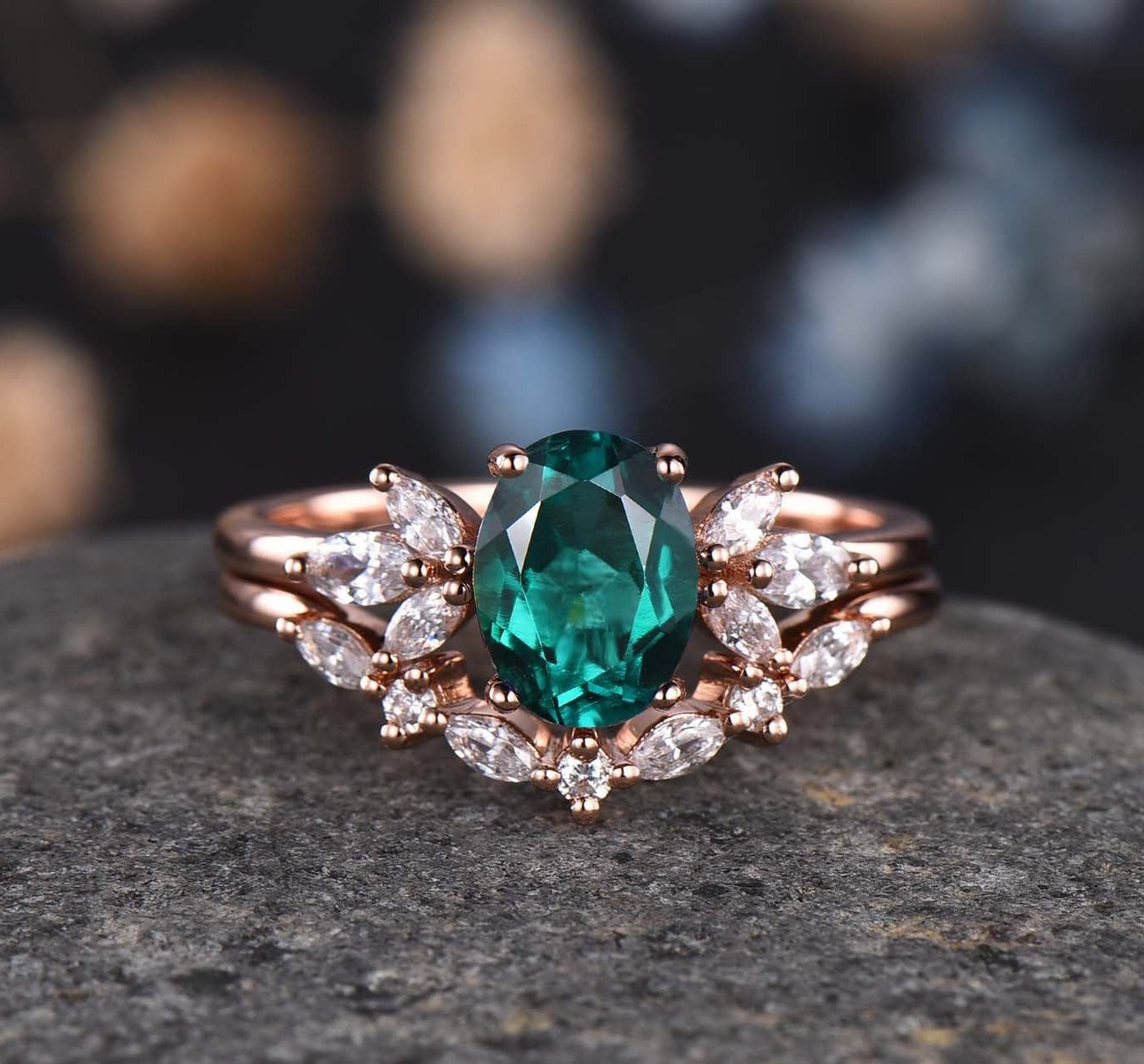 Emerald Ring Set Oval Emerald Engagement Ring Rose Gold Women Emerald Wedding Ring Curved Moissanite Matching Band 14k Bridal Jewelry