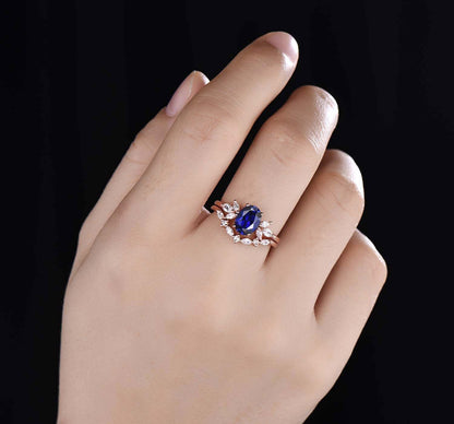 Blue Sapphire Ring Oval Sapphire Engagement Ring Rose Gold Women Moissanite Sapphire Wedding Ring Set Art Deco Stacking Bridal Set 14k