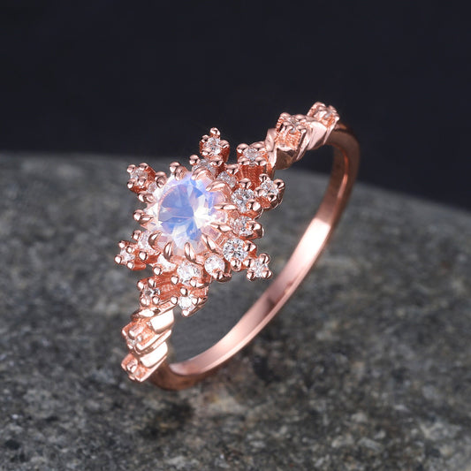 Vintage moonstone ring,moonstone engagement ring,rose gold wedding ring,rainbow moonstone,diamond/moissanite halo,June birthstone jewelry