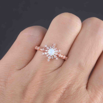 Opal Engagement Ring Rose Gold Set Diamond Wedding Band Milgrain Curved Matching Band Vintage Women Bridal Jewelry Gifts For Her