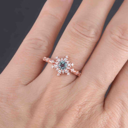 Alexandrite Engagement Ring Rose Gold Halo Ring Round Alexandrite Promise Jewelry For Women Diamond/Moissanite Unique Bridal Stacking Ring