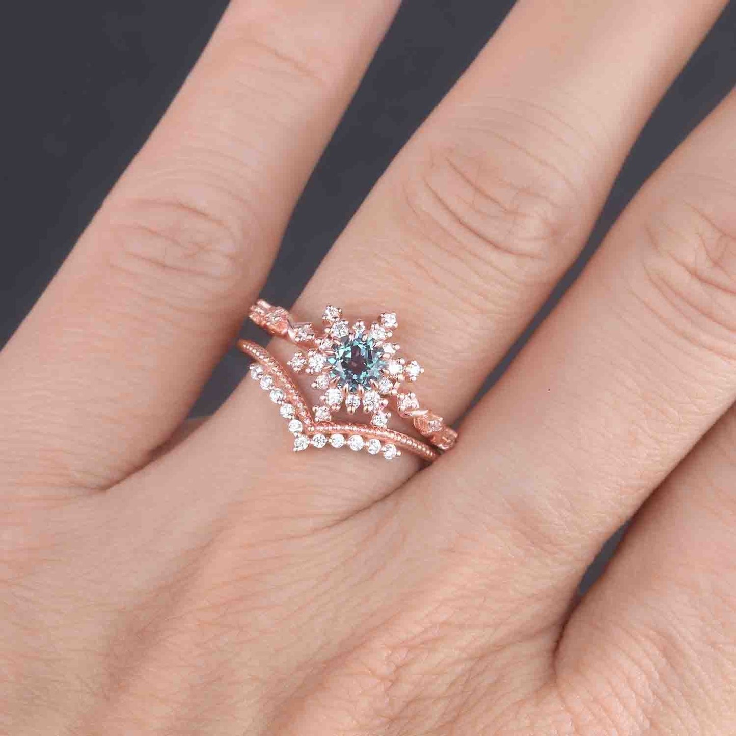 Alexandrite Engagement Ring Set Rose Gold Curved Diamond Stacking Band Round Alexandrite Halo Ring Milgrain Promise Jewelry For Women