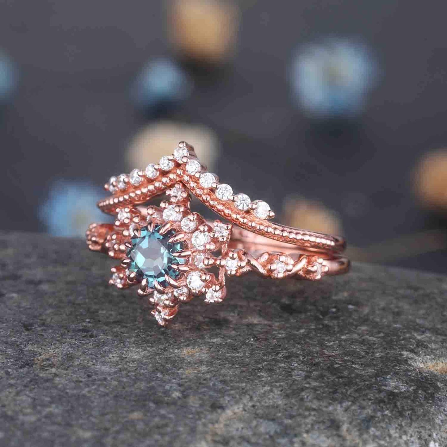 Alexandrite Engagement Ring Set Rose Gold Curved Diamond Stacking Band Round Alexandrite Halo Ring Milgrain Promise Jewelry For Women