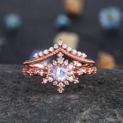 Alexandrite Engagement Ring Set Rose Gold Curved Diamond Stacking Band Round Alexandrite Halo Ring Milgrain Promise Jewelry For Women