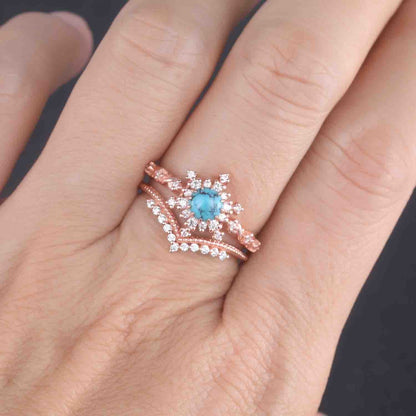 Turquoise Ring Set Rose Gold Turquoise Engagement Ring Diamond Moissanite Stacking Band December Birthstone 14k Gold Turquoise Ring