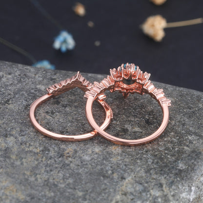 Turquoise Ring Set Rose Gold Turquoise Engagement Ring Diamond Moissanite Stacking Band December Birthstone 14k Gold Turquoise Ring