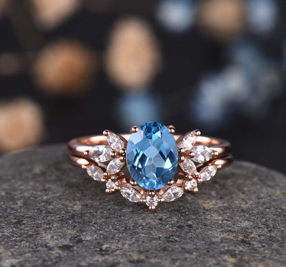 Blue Sapphire Ring Oval Sapphire Engagement Ring Rose Gold Women Moissanite Sapphire Wedding Ring Set Art Deco Stacking Bridal Set 14k