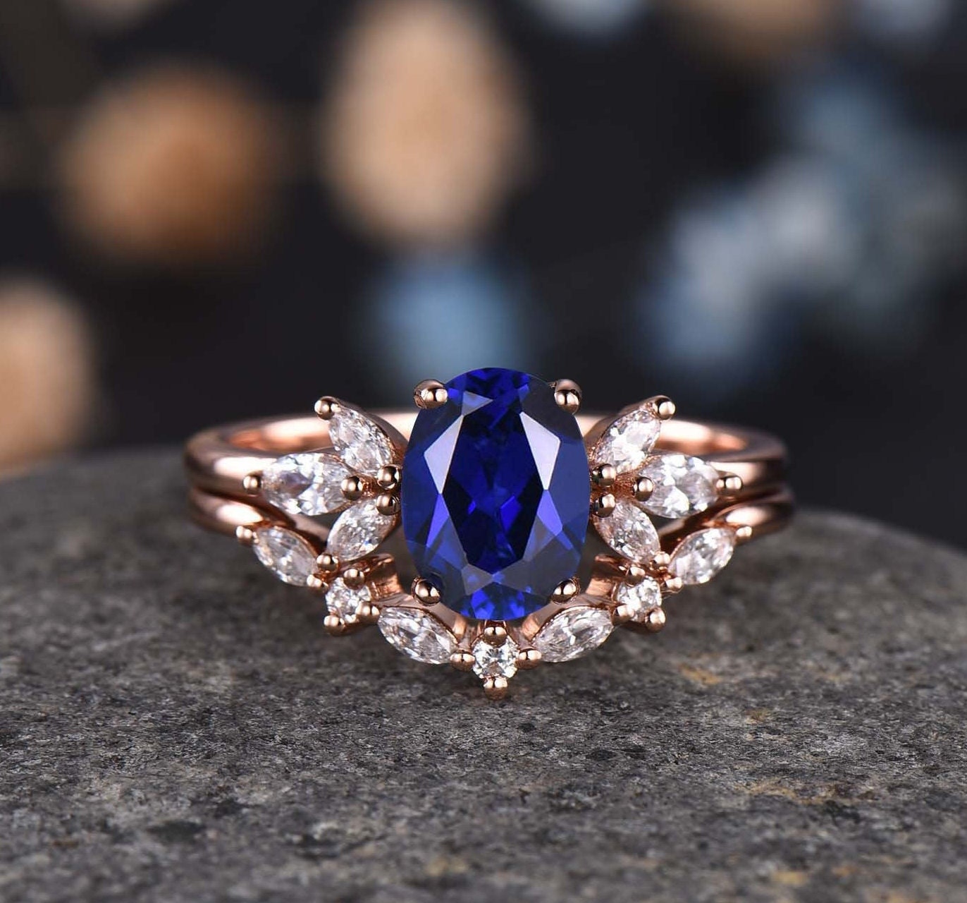 Blue Sapphire Ring Oval Sapphire Engagement Ring Rose Gold Women Moissanite Sapphire Wedding Ring Set Art Deco Stacking Bridal Set 14k