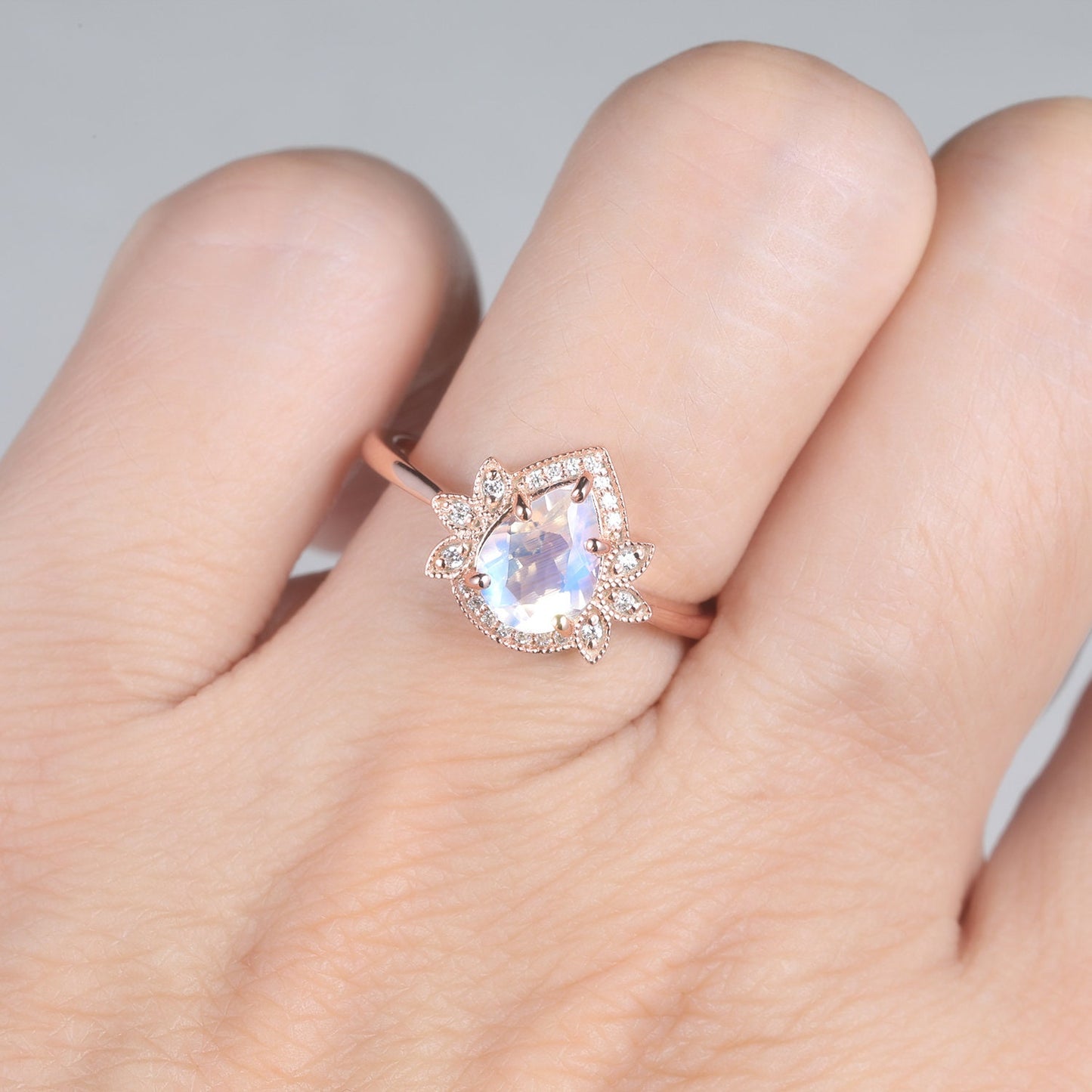 Vintage Moonstone Wedding Ring,Rose Gold Engagement Ring Pear Shaped Moonstone Engagement Ring Diamond Halo Ring,June Birthstone Ring