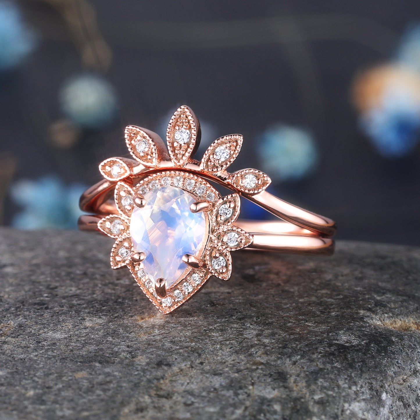 Moonstone Wedding Set Moonstone Engagement Ring Rose Gold Engagement Ring Pear Cut Moonstone Art Deco Diamond Matching Band Vintage Style