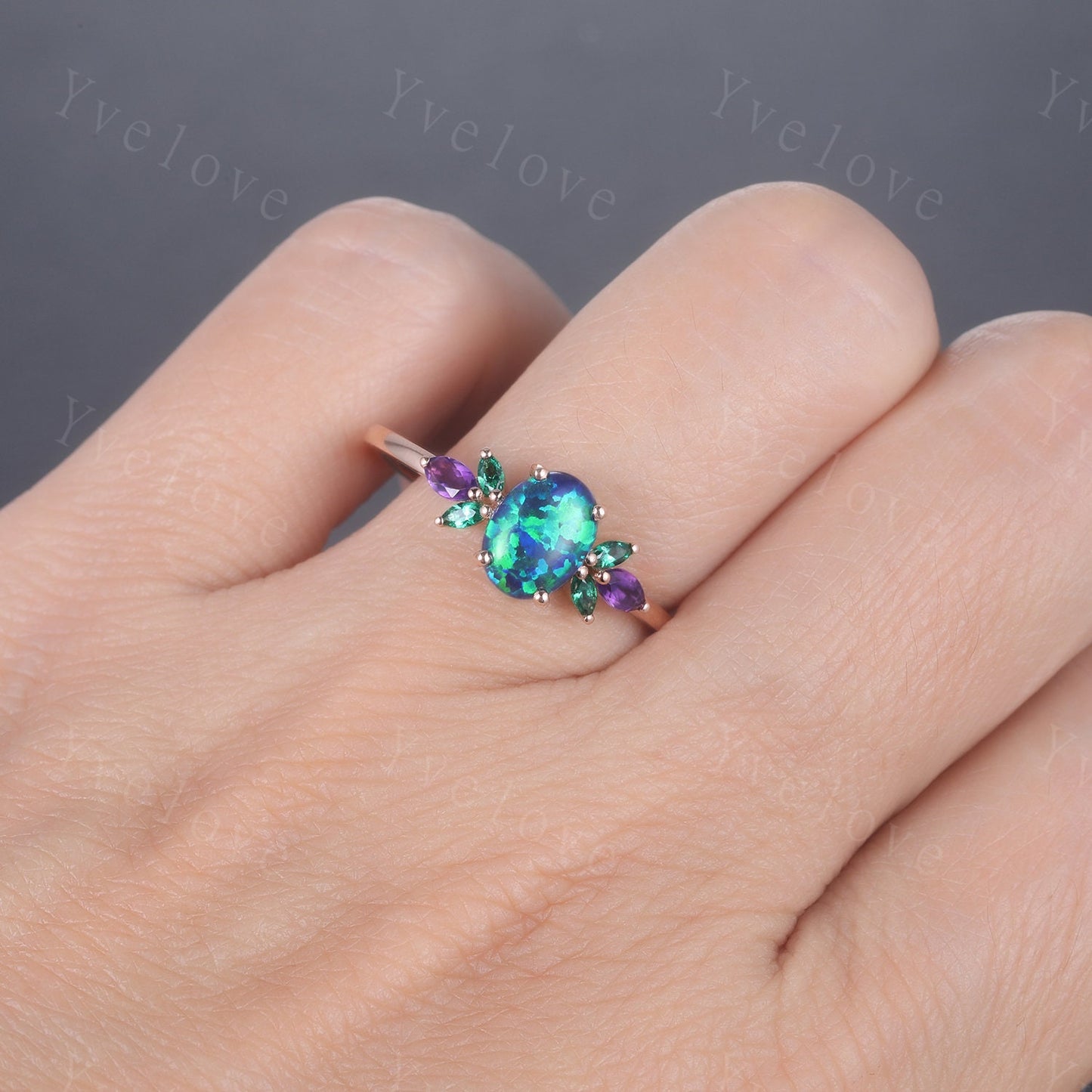 Blue Opal Engagement Ring White Gold Oval Opal Wedding Ring Opal Emerald Amethyst Floral Eternity Ring Vintage Design Valentines Gift to her