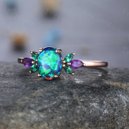 Blue Opal Engagement Ring Rose Gold Oval Opal Wedding Ring Opal Emerald Amethyst Floral Eternity Ring Vintage Design Gift For Her