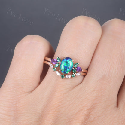 Blue Opal Wedding Ring Set Oval Opal Engagement Ring Rose Gold Wedding Ring Emerald Amethyst Floral Promise Jewelry Anniversary Gift