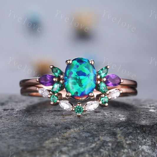 Blue Opal Wedding Ring Set Oval Opal Engagement Ring Rose Gold Wedding Ring Emerald Amethyst Floral Promise Jewelry Anniversary Gift