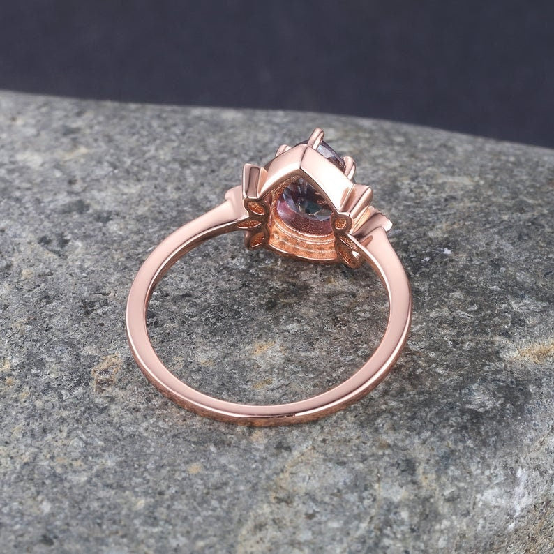 8x6mm pear shaped amethyst engagement ring 14K rose gold unique flower ring