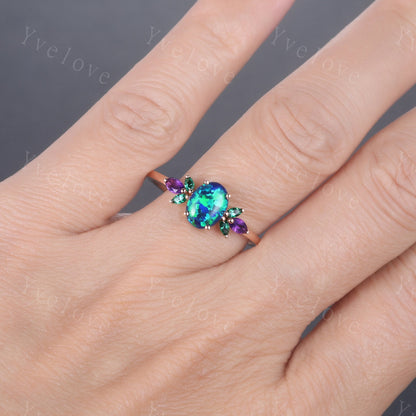 Blue Opal Engagement Ring Rose Gold Oval Opal Wedding Ring Opal Emerald Amethyst Floral Eternity Ring Vintage Design Gift For Her