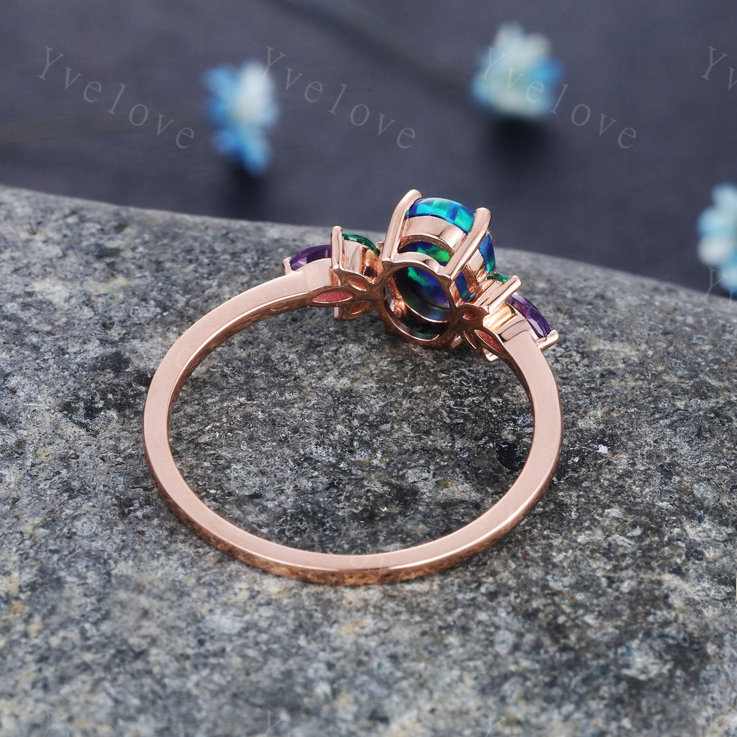 Blue Opal Engagement Ring Rose Gold Oval Opal Wedding Ring Opal Emerald Amethyst Floral Eternity Ring Vintage Design Gift For Her