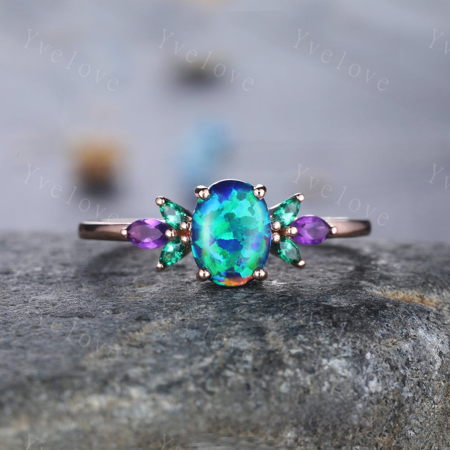 Blue Opal Engagement Ring Rose Gold Oval Opal Wedding Ring Opal Emerald Amethyst Floral Eternity Ring Vintage Design Gift For Her