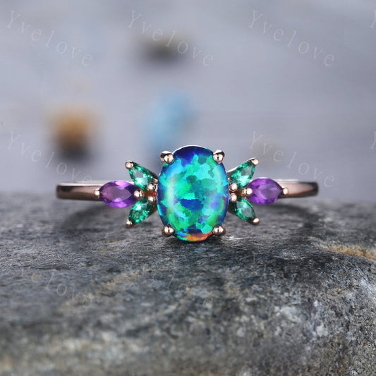 Blue Opal Engagement Ring Rose Gold Oval Opal Wedding Ring Opal Emerald Amethyst Floral Eternity Ring Vintage Design Gift For Her