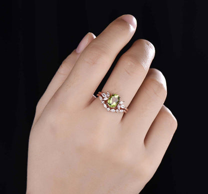 Peridot ring, yellow gold engagement ring set, oval peridot engagement ring, moissanite matching band, eternity stacking band, bridal set
