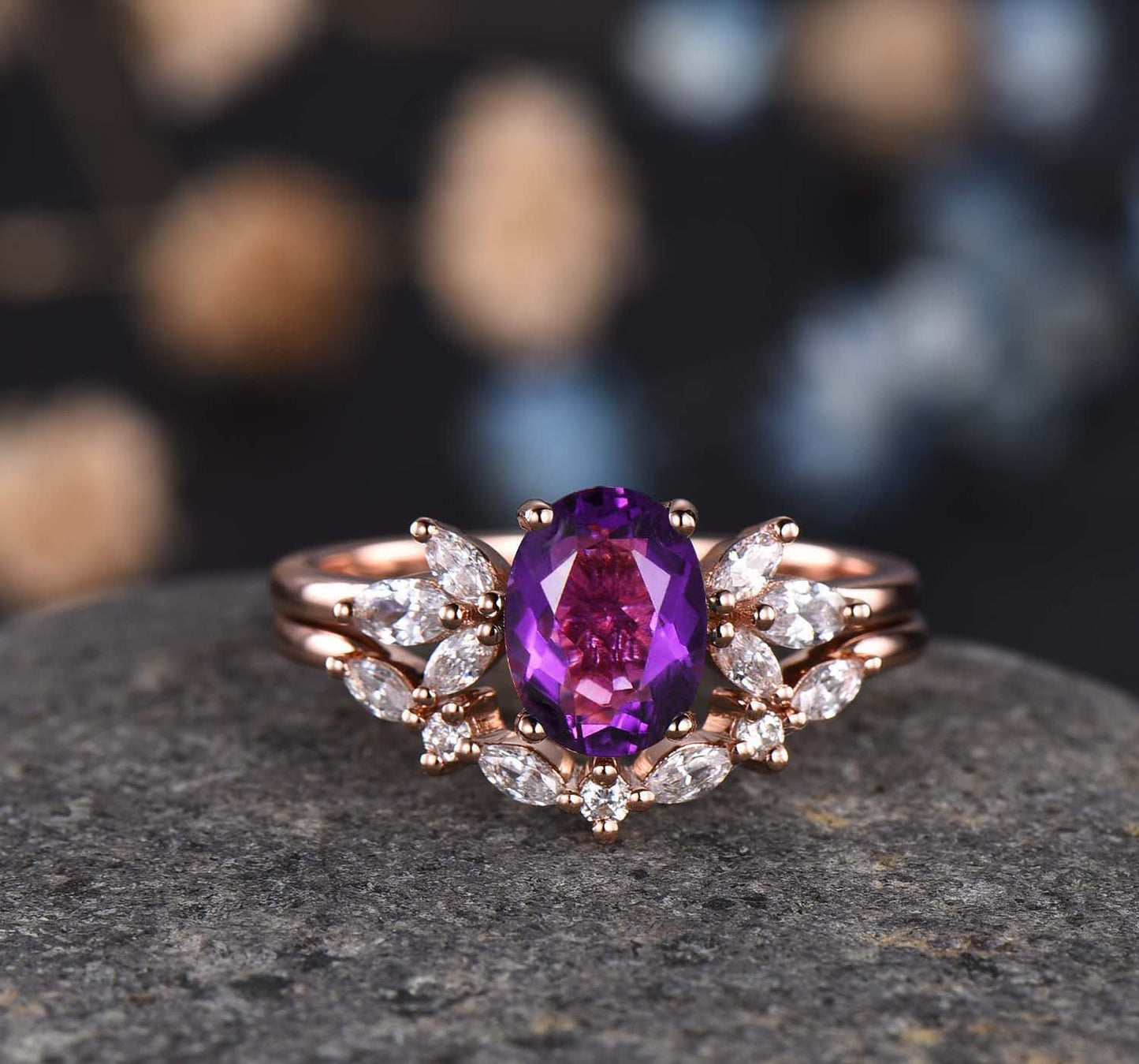 Amethyst ring set yellow gold amethyst engagement ring women promise ring oval cut amethyst moissanite stacking band Valentine's crown ring